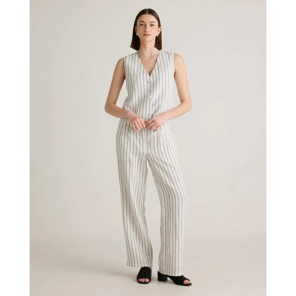 Quince 100% European Linen Pleated Trouser Pant Oatmeal Black Stripe Medium NWT